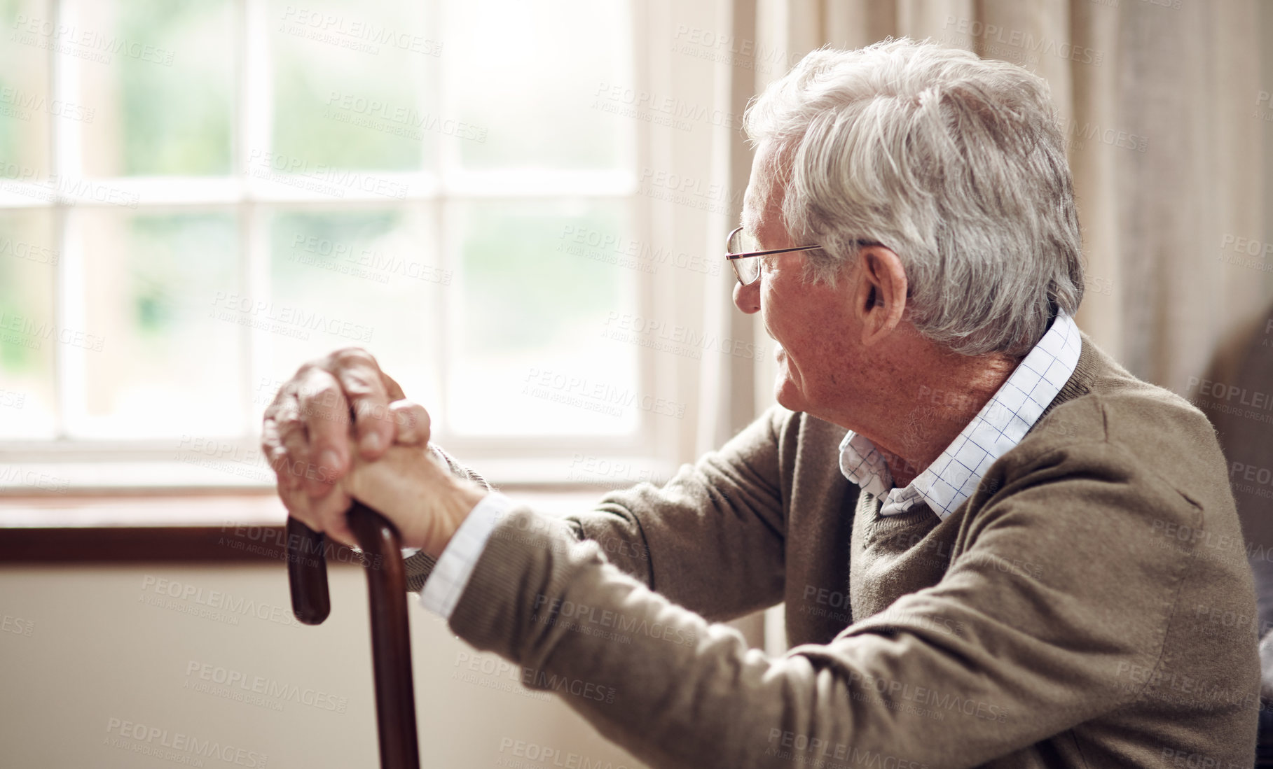 Buy stock photo Window, thinking and old man with cane in home, retirement and good memories on break and nostalgia. Happy, reflection and senior person with walking stick, calm and contemplating decision in house