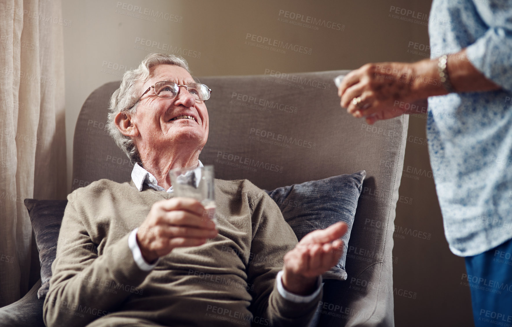 Buy stock photo Elderly, man and patient with pills in nursing home for assisted living or medical support. Male person, water and tablets with medication for senior care, healthcare or wellness in old age house