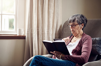 Buy stock photo Shot of a senior woman writing in a notebook at home