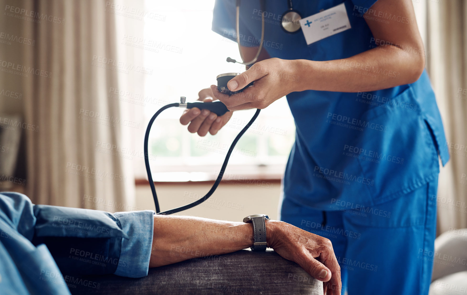 Buy stock photo Cuff, nurse and senior man with blood pressure, medical service and check up for hypertension. Retirement, home and elderly person with caregiver for cardiovascular machine, wellness and healthcare