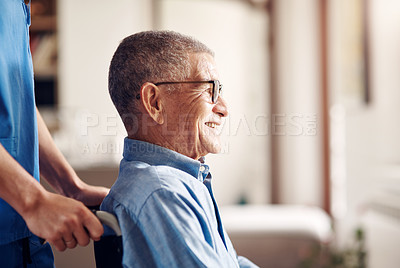 Buy stock photo Shot of a senior man in a wheelchair being cared for by a nurse at home