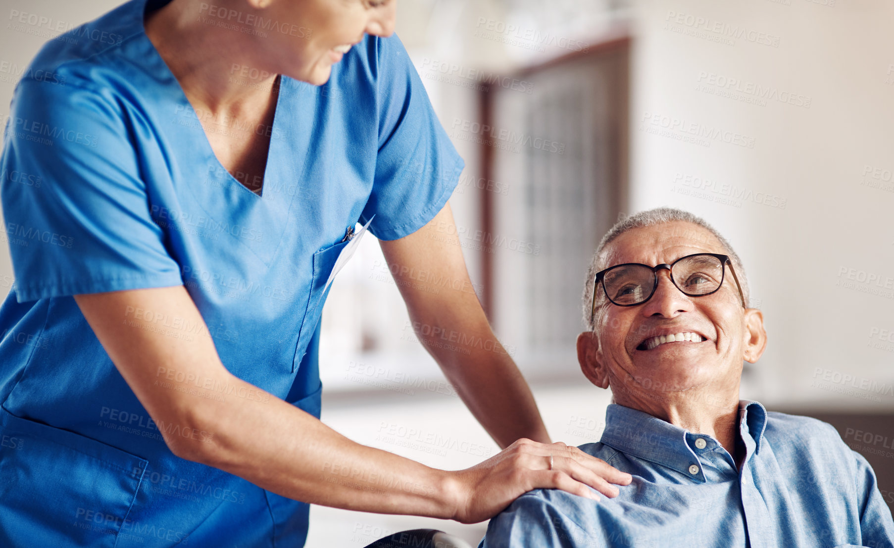 Buy stock photo Smile, caregiver and house with old man in wheelchair, checkup and support for medical recovery. Happy, nurse and senior person with disability, assisted living and physical therapy for healthcare