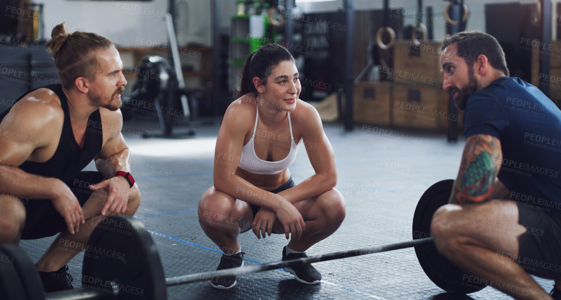 Buy stock photo Talking, class and barbell with people in gym for personal trainer, workout rest and bodybuilder. Form discussion, exercise and training with friends in sports club for coaching, challenge and health