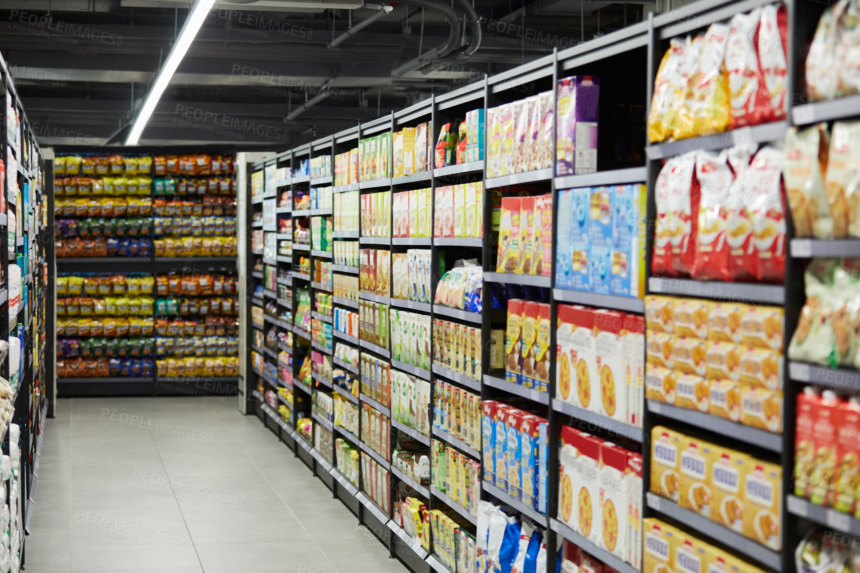 Buy stock photo Aisle, grocery and food in supermarket for retail shopping, business or consumable supply chain. Empty, row or products with shelves or variety of snacks, inventory or stock for produce or storage