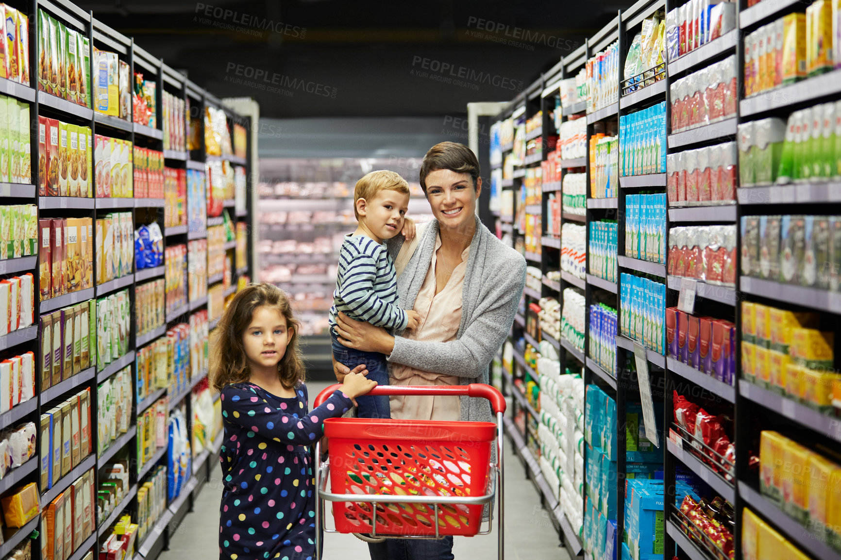 Buy stock photo Shopping, portrait and mom with children in grocery store for purchase, product and choice for sale. Retail, family and parent with kids for discount, errand and deal for groceries in supermarket