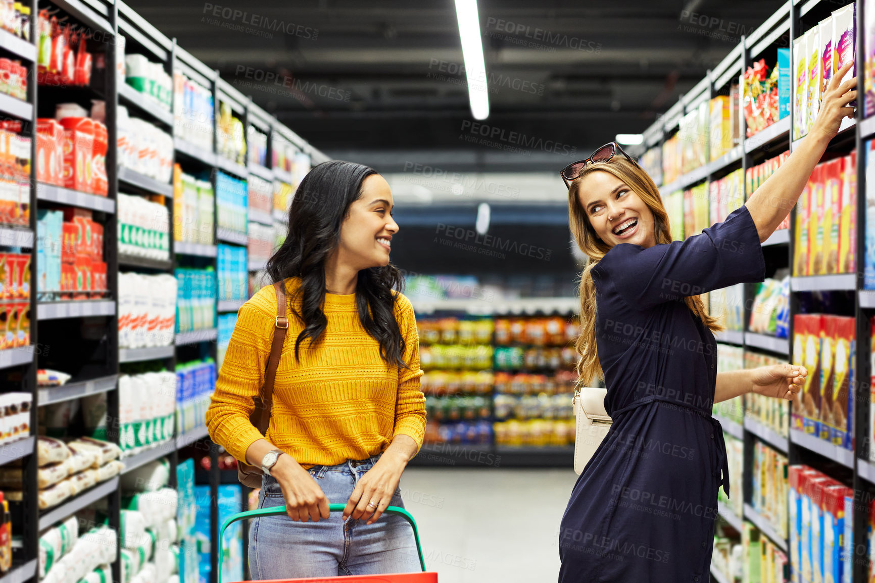 Buy stock photo Grocery, shopping and smile with women in supermarket for food shelves, savings and health sale. Budget, retail and search choice with people or customer at store for discount, product and consumer