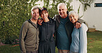 Portrait, fitness and senior people outdoor for bonding with exercise, active hobby and practice. Retirement, happy and couple of friends embrace for wellness, health and training in backyard