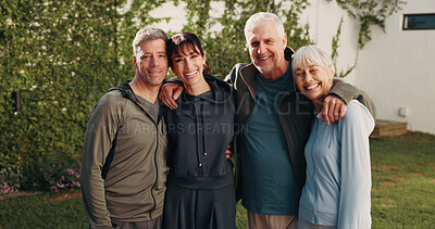 Buy stock photo Portrait, fitness and senior parents outdoor for fresh air, exercise and bonding in morning. Happy, family and people with mom, dad and embrace for love, wellness and training together for health