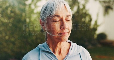 Buy stock photo Eyes closed, meditation and senior woman outdoor for reflection, mindfulness and breathe for wellness. Backyard, morning and person with calm, thoughtful and fresh air for break, peace and wellbeing