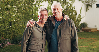 Buy stock photo Fitness, friends and portrait of men outdoor with trainer for exercise, active hobby and practice. Retirement, happy and people hug for training together with wellness, health or mobility in backyard