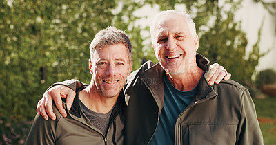 Buy stock photo Portrait, exercise and men outdoor for bonding with fitness, active hobby and practice. Retirement, happy and mature friends hug for training together for wellness, health and mobility in backyard