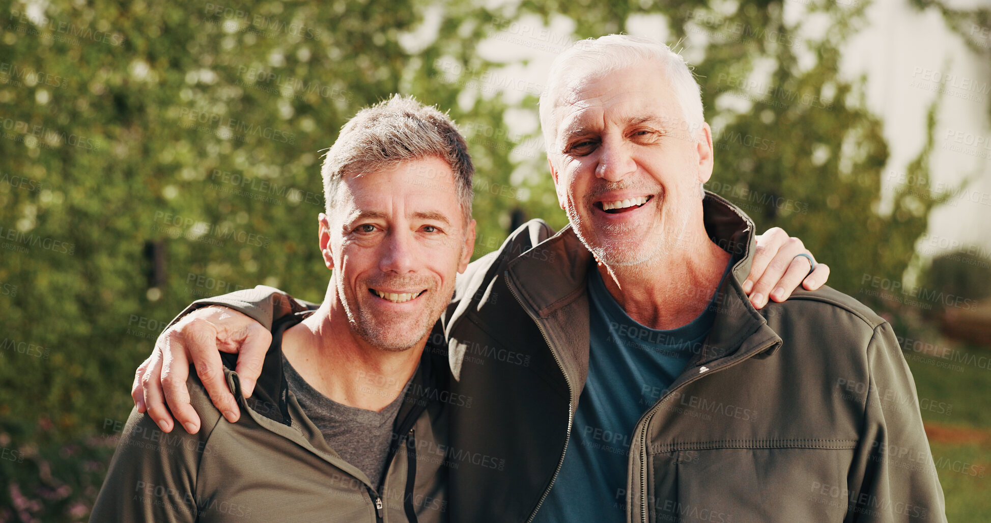 Buy stock photo Portrait, exercise and men outdoor for bonding with fitness, active hobby and practice. Retirement, happy and mature friends hug for training together for wellness, health and mobility in backyard