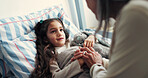 Sick, bedroom and mom with girl for comfort with infection, virus and recovery in home. Family, house and mother with child in bed with cold, flu and resting for illness, healing and support for care