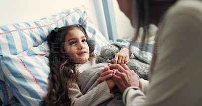 Buy stock photo Home, routine and mom with child in bed for care, bonding and comfortable with blanket and teddy bear. Family, house and mother with girl in bedroom for tuck in, affection and love for relationship