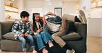 Happy, playing and grandfather with children on sofa for bonding, love and connection for visit. Family, generations and kids with grandpa for fun childhood, games and relax together on weekend