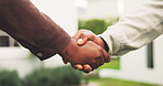 Handshake, real estate and people outdoor for agreement, deal and welcome to neighborhood. Realtor, greeting and men shaking hands for new home, investment and negotiation for property success