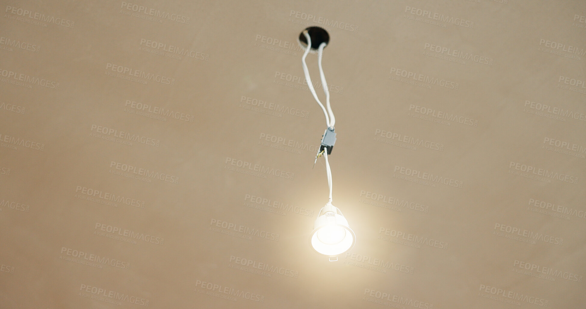 Buy stock photo Ceiling, wire and light in home for fitting, electrical compliance and incomplete infrastructure. Renovation, remodeling and lightbulb in house for circuit testing, installation and outlet with space