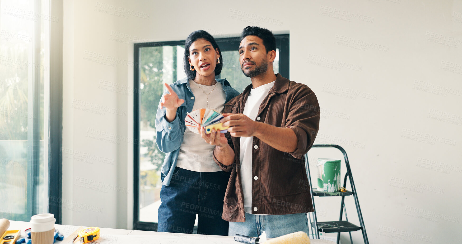 Buy stock photo Home improvement, swatch and thinking with couple at table for discussion or project planning. Color palette, decision and real estate with people in new house for construction or interior design