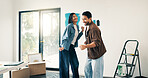 Remodeling, fun or couple in home with dance, fresh start or happy moment in dream house. Property, renovation or people with playful groove, housing success or new homeowners in moving achievement.