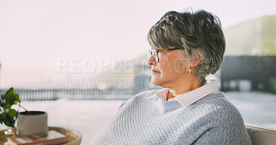 Buy stock photo Thinking, relax and senior woman in home with planning, ideas or decision on retirement experience. Choice, calm and elderly person in living room with nostalgia, reflection or memory in house.