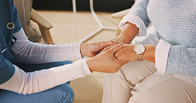 Buy stock photo Comfort, nurse or woman in home with holding hands, understanding or empathy in medical checkup. Security, caregiver or elderly person with sympathy, patient support or connection in health diagnosis