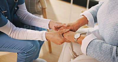 Buy stock photo Comfort, nurse or old woman in house with holding hands, understanding or empathy in senior care. Compassion, caregiver or elderly person with security, patient support or connection in retirement.