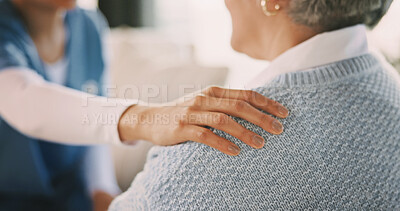 Buy stock photo Comfort, nurse or old woman in house with security, understanding or empathy in senior care. Compassion, caregiver or elderly person with shoulder touch, patient support or connection in retirement.