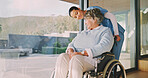 Senior, nurse and woman with wheelchair in home for assisted living, healthcare or mobility. Caregiver, health worker or helping female person with a disability for elderly care or movement in house