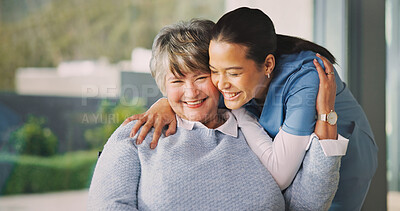 Buy stock photo Trust, nurse and hug with senior woman for medical support, care and connection together with smile. Comfort, happy caregiver and embrace person in retirement, assisted living and healthcare at home