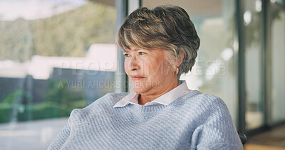 Buy stock photo Thinking, calm and senior woman in home with planning, ideas or decision on retirement experience. Choice, relax and elderly person in living room with nostalgia, reflection or memory in house.