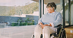 Thinking, window and senior woman in wheelchair at house with nostalgia, reflection or memory. Ideas, rehabilitation and elderly person with disability in retirement with planning day on break.