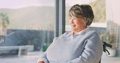 Buy stock photo Vision, smile and old woman in wheelchair by window with optimism, contemplating and thinking at home. Retirement, reflection and happy person with disability, positive mindset and introspection