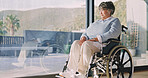 Ideas, window and senior woman in wheelchair at house with nostalgia, reflection or positive memory. Thinking, rehabilitation and elderly person with disability in home with planning day on break.