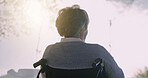 Thinking, elderly and woman in wheelchair outdoor with recovery hope, contemplating and vision. Retirement, back and person with disability, reflection and perspective in rehabilitation at park