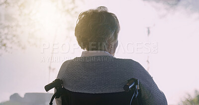 Buy stock photo Thinking, elderly and woman in wheelchair outdoor with recovery hope, contemplating and vision. Retirement, back and person with disability, reflection and perspective in rehabilitation at park