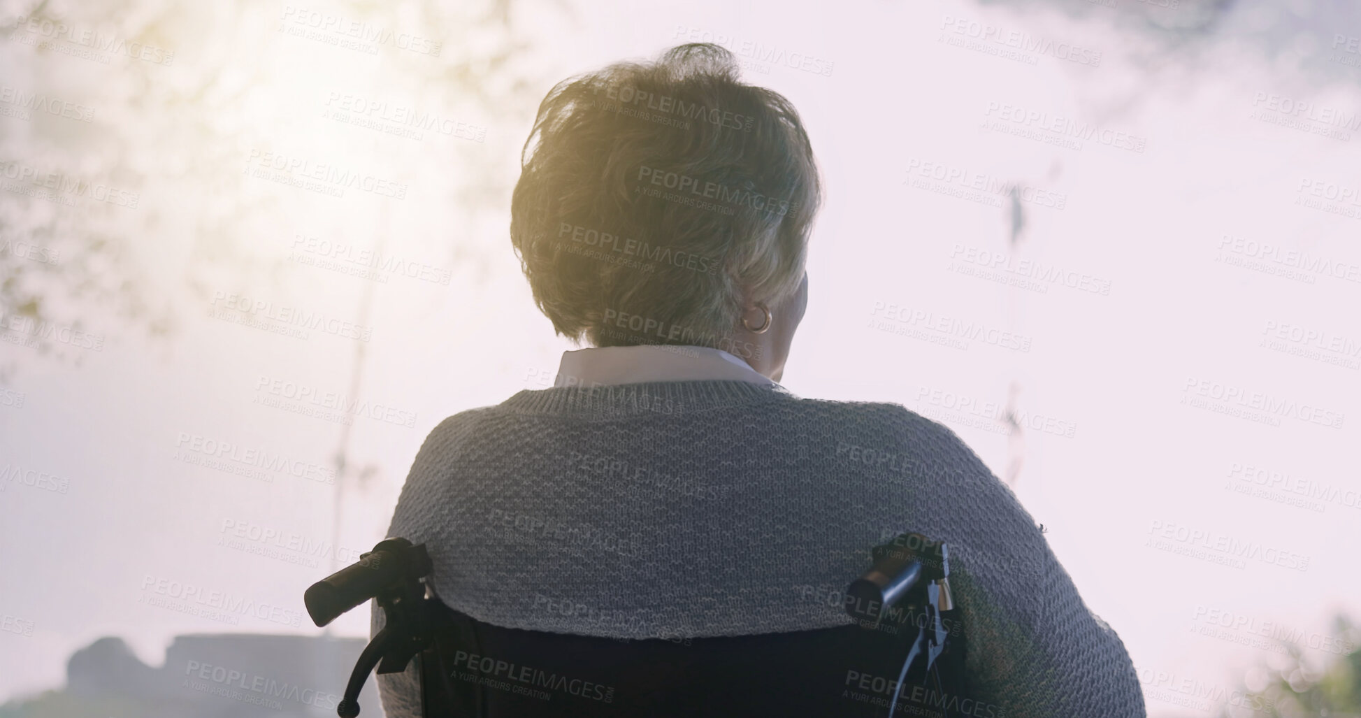 Buy stock photo Thinking, elderly and woman in wheelchair outdoor with recovery hope, contemplating and vision. Retirement, back and person with disability, reflection and perspective in rehabilitation at park