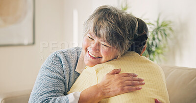 Buy stock photo Love, happy woman and hug with senior mother in home for care, support and bonding together. Adult daughter, smile and embrace parent on couch with connection, affection and security with family