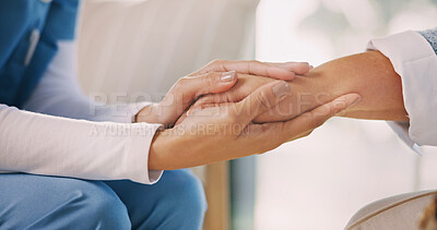 Buy stock photo Support, nurse or woman in home with holding hands, understanding or empathy in medical results. Comfort, caregiver or elderly person with sympathy, patient security or connection in health diagnosis