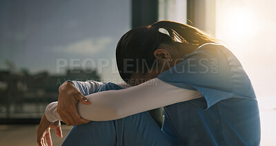 Buy stock photo Anxiety, tired woman and nurse with medical burnout, shift trauma and overwhelmed with loss. Stress, healthcare crisis and sad worker with mistake, grief and exhausted with fatigue at hospital