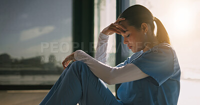 Buy stock photo Mistake, tired woman and nurse with medical burnout, shift trauma and overwhelmed with loss. Anxiety, healthcare crisis and sad worker with stress, grief and exhausted with fatigue at hospital