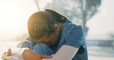 Buy stock photo Stress, tired woman and nurse with medical burnout, shift trauma and overwhelmed with loss. Anxiety, healthcare crisis and sad worker with mistake, grief and exhausted with fatigue by clinic window