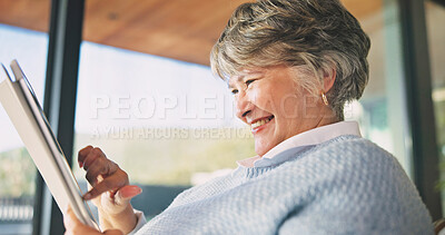 Buy stock photo Tablet, happy and senior woman in home reading blog on retirement planning for finance advice. Digital technology, update and elderly person on website for article with tips on pension savings.