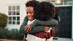 Hug, new home and smile of children outdoor in front yard for future, neighborhood or security. Love, property and real estate with happy black kids embracing in garden for fresh start or moving in