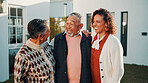 Support, senior parents or daughter outdoor with smile, security or bonding on weekend. Love, mature woman or elderly people at home with hug, caring relationship or family connection in happy moment