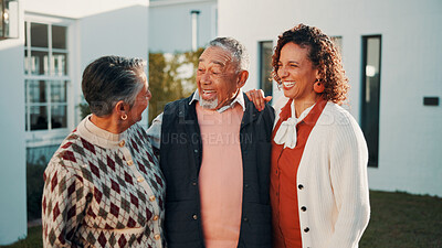 Buy stock photo Support, senior parents or daughter outdoor with smile, security or bonding on weekend. Love, mature woman or elderly people at home with hug, caring relationship or family connection in happy moment