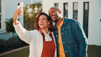 Buy stock photo Laughing, proud and selfie with African couple outdoor at new home together for property investment. Funny, hug and photograph in front yard of dream house for loan or mortgage approval and success