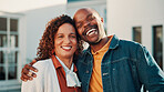 Portrait, couple and hug outdoor by new house with smile, pride or support for property investment. Mature, African people and embrace in front yard with dream home, marriage or happy for real estate