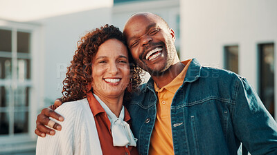 Buy stock photo Portrait, couple and hug outdoor by new house with smile, pride or support for property investment. Mature, African people and embrace in front yard with dream home, marriage or happy for real estate