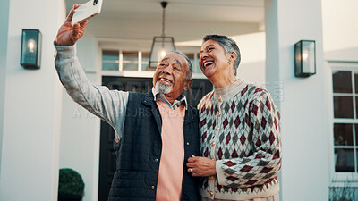 Buy stock photo Selfie, senior couple and smile outdoor at new home together for memory or property investment. Love, photograph and retirement with people in front yard of dream house for mortgage success or pride