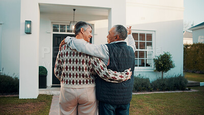 Buy stock photo Back, hug and old couple in front yard with new home, real estate or property investment for retirement. Happy, married senior people and excited in garden with relocation, mortgage loan and embrace.